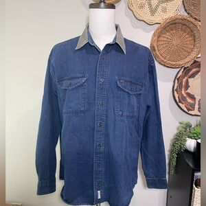 Vintage Woolrich Shirt Mens XL Blue Denim Elbow Patch Chore Barn Cotton Button